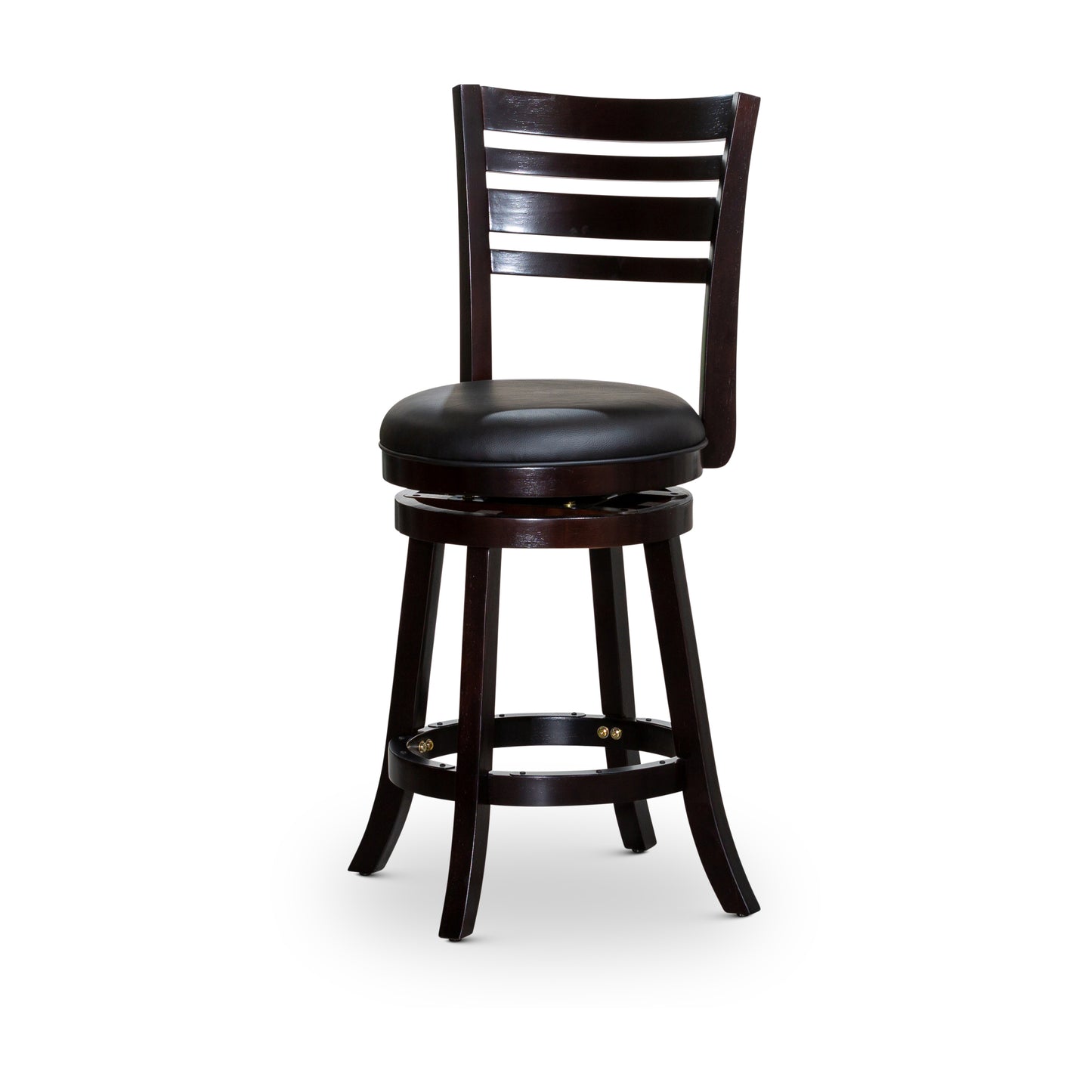 24" Counter Height Slat Back Swivel Stool, Espresso Finish, Black Leather Seat