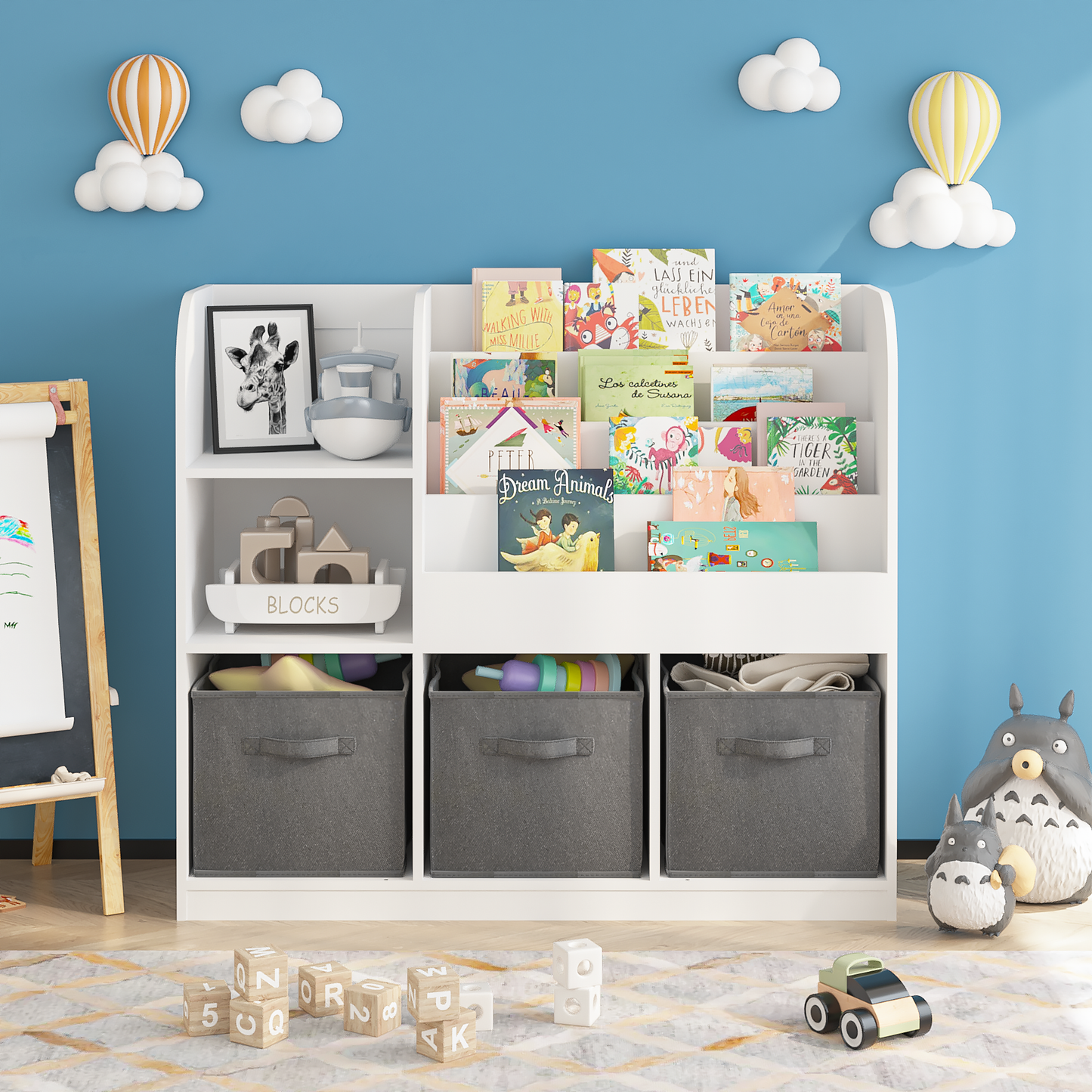 Kids Bookcase and Bookshelf, Multifunctional Bookcase with 3 Collapsible Fabric Drawers, Bookcase Display Stand, Toy Storage Organizer for Bedroom, Playroom, Hallway (White/Gray)