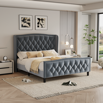 Queen Size Bed Frame, Modern Upholstered Platform Bed with Wingback Headboard, Velvet Bed Frame with Wood Slat Support, Easy Assembly, No Box Spring Needed(Gray, Queen)