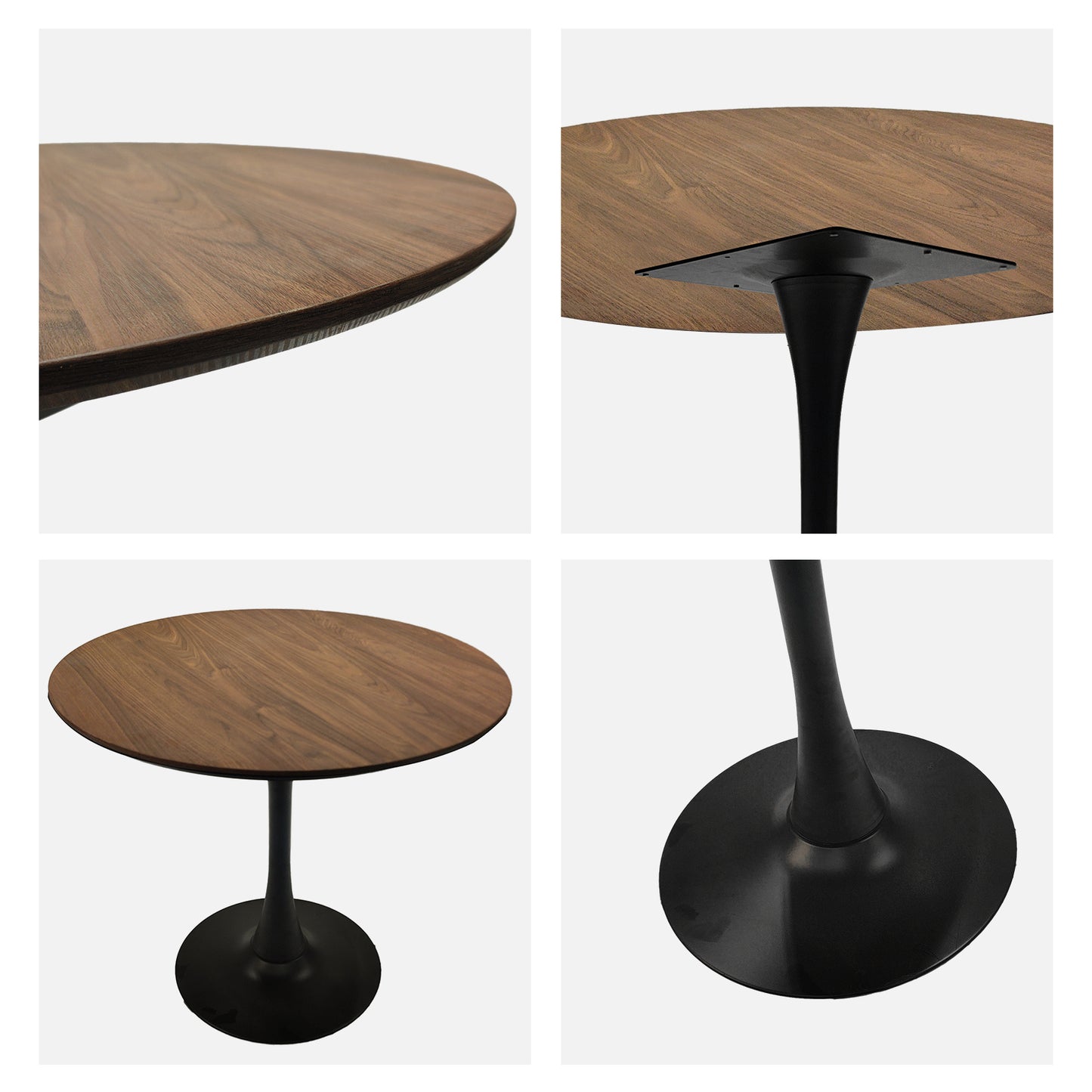 31.5" Walnut color Round Dining Table, Tulip Table Kitchen Dining Table 2-4 People with MDF Table Top and Black metal Pedestal Base and Brown dining chair 4-piece set for black metal legs