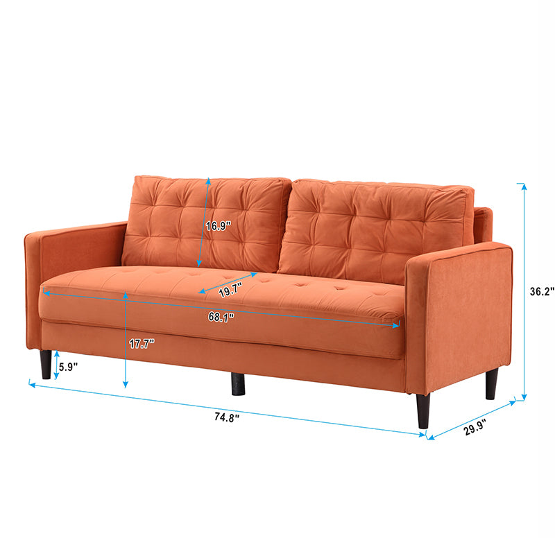 74" High Resilience three seater Sofa, Wooden Frame 3 Seat Sofa, Comfy , Modern Upholstered Sofa, Living Room Bedroom Apartment , Orange