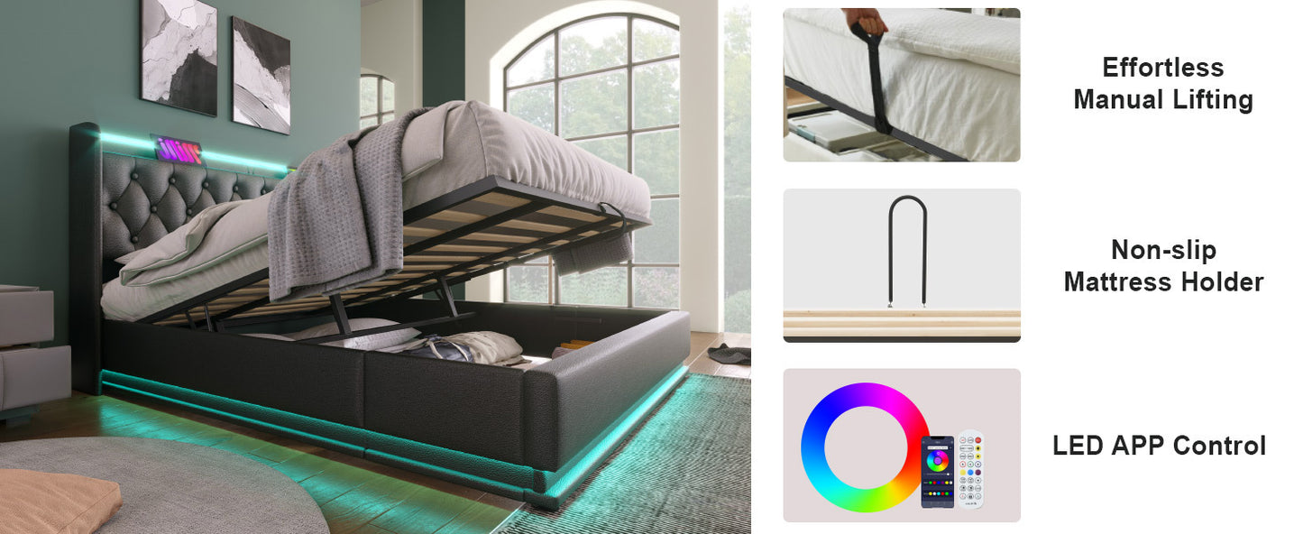 King size Upholstered bed, 360 surround LED function, Buttons/Apps/Remote Control, hydraulic storage bed with USB Type-C charging, Black, PU (Without mattress)