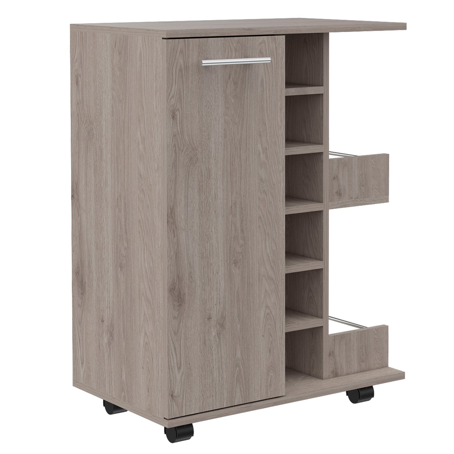 Bar Cart, Two External Shelves, Four Casters, Six Built-in Wine Rack, Single Door Cabinet -Light Gray