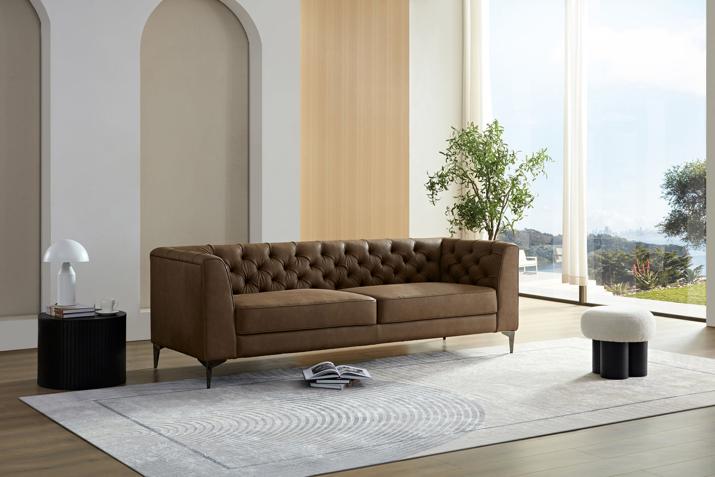 WKS5B brown leather sofa with iron feet, retro design