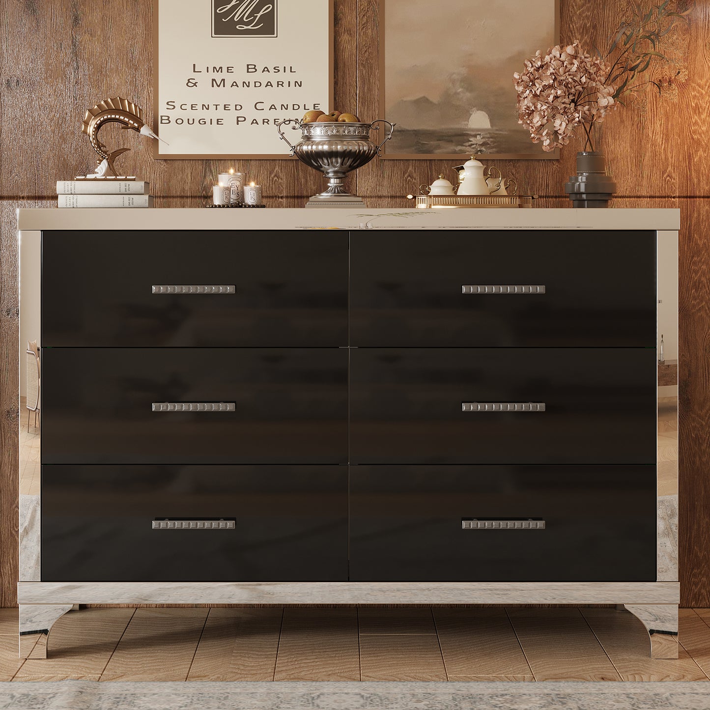 Elegant High Gloss Dresser with Metal Handle,Mirrored Storage Cabinet with 6 Drawers for Bedroom,Living Room,Black