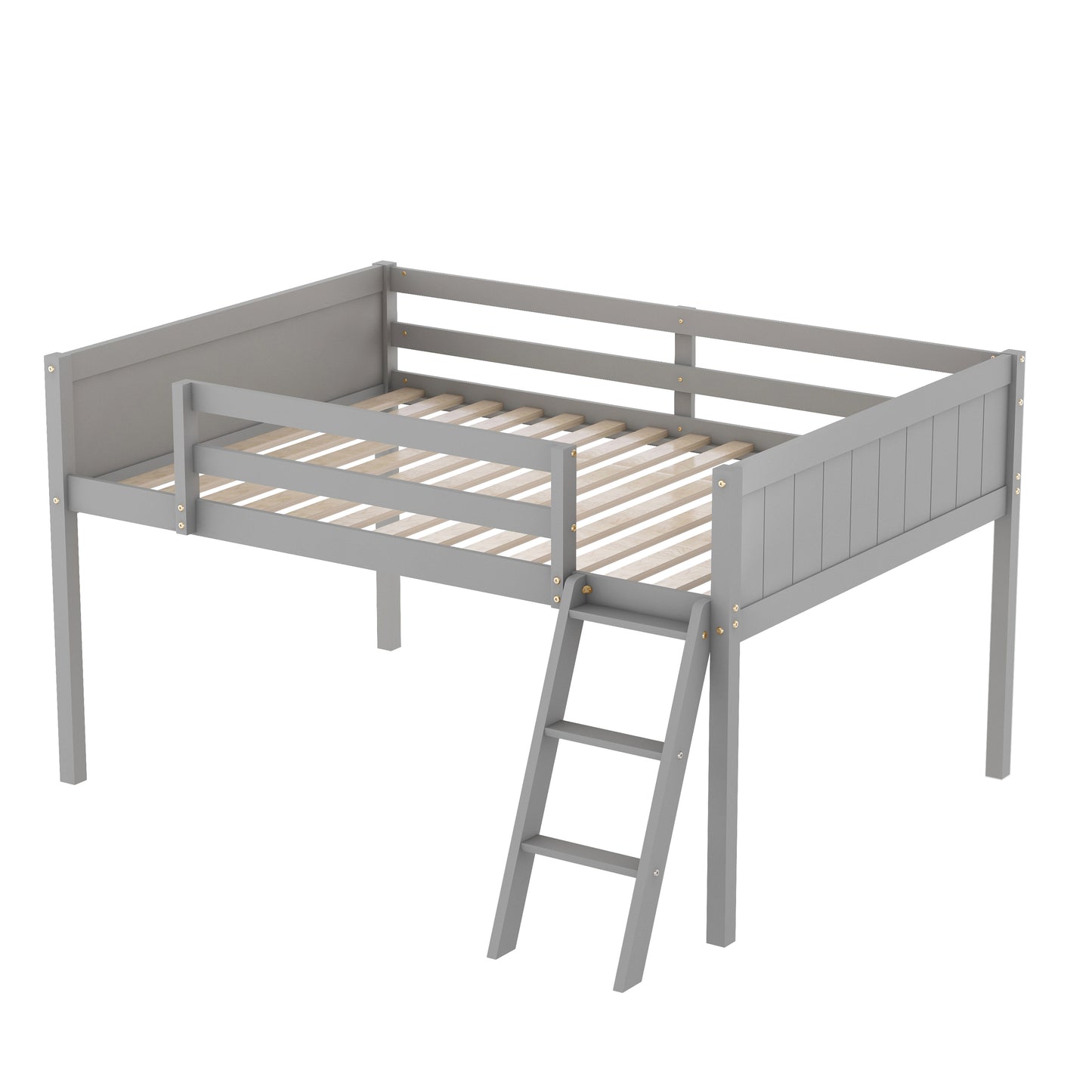 Full Size Wood Low Loft Bed with Ladder, ladder can be placed on the left or right, Gray (Old SKU:GX000366AAE)