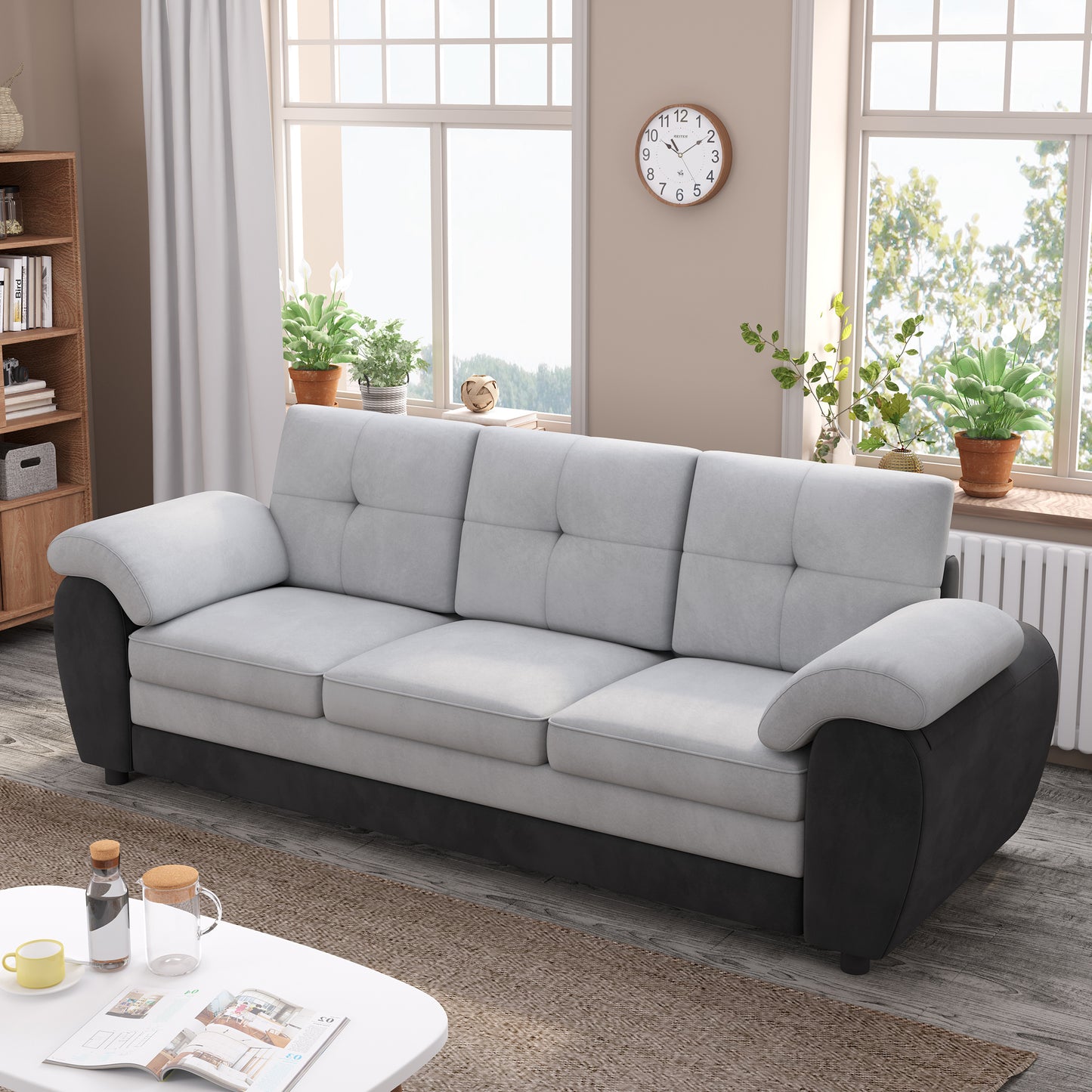 81.9″ Large size Three Seat Sofa,Modern Upholstered,Black leather paired with light gray velvet