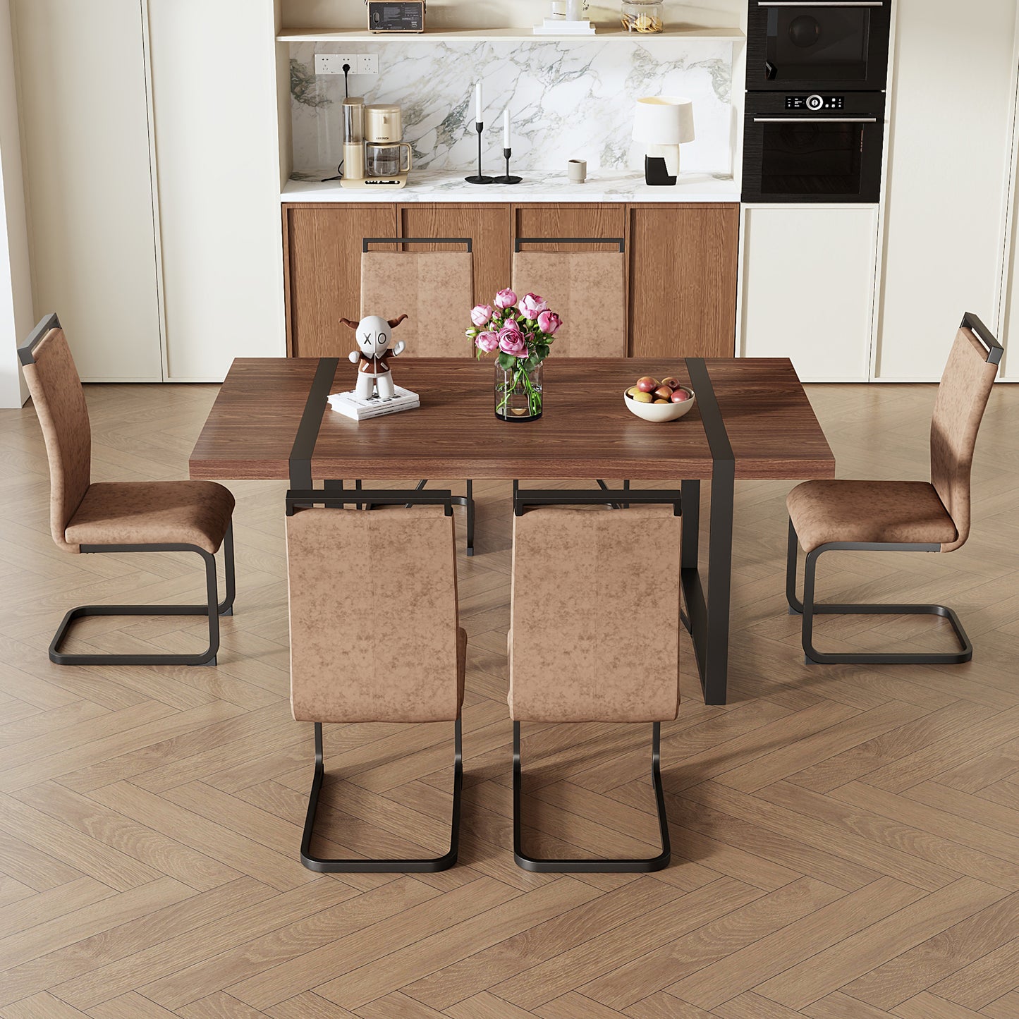 Table and chair set.Industrial Style Walnut-Colored Rectangular Dining Table - 71'x39.3' Large Size.Paired with 6 brown technology fabric chairs with Featuring arched black Metal legs.
