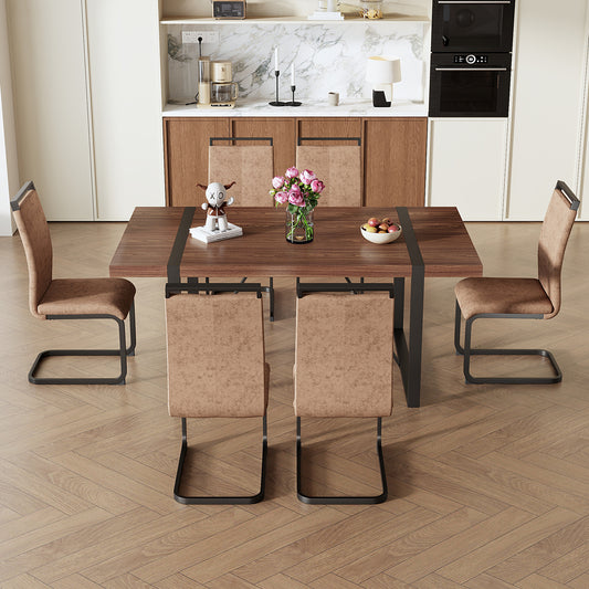 Table and chair set.Industrial Style Walnut-Colored Rectangular Dining Table - 71'x39.3' Large Size.Paired with 6 brown technology fabric chairs with Featuring arched black Metal legs.