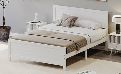 Wood Platform Bed Frame with Headboard, Mattress Foundation with Wood Slat Support, No Box Spring Needed, Queen Size, White