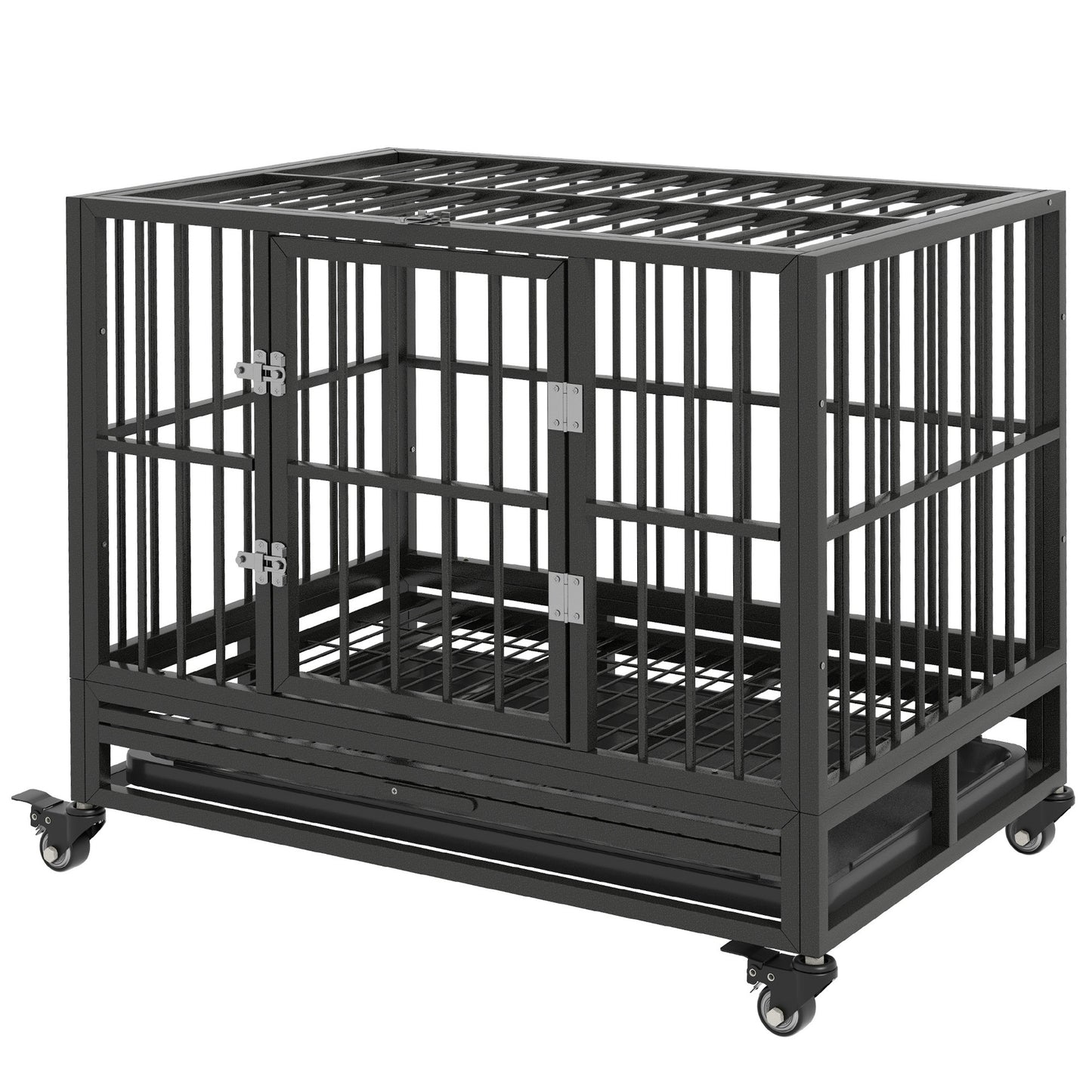 PawHut 36" Heavy Duty Dog Crate Metal Cage Kennel with Lockable Wheels, Double Door and Removable Tray, Gray