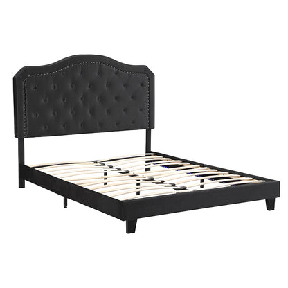 Upholstered Bed Button Tufted with Curve Design - Strong Wood Slat Support - Easy Assembly - Black Velvet - With LED light-platform bed - Queen