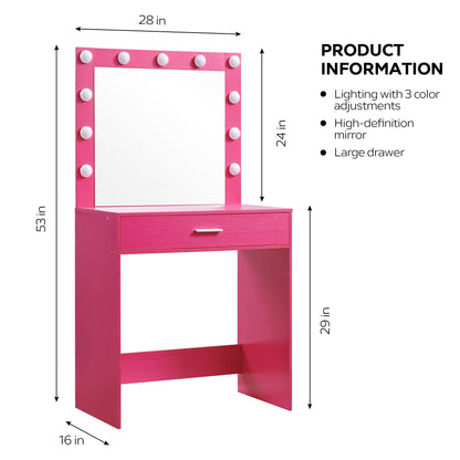 Vanity Desk with Mirror and Lights, Dressing Table with Large Drawer, 1 Level Storage Dresser & 3 Lighting Modes Adjustable Brightness, Suitable for Bedroom(Pink)