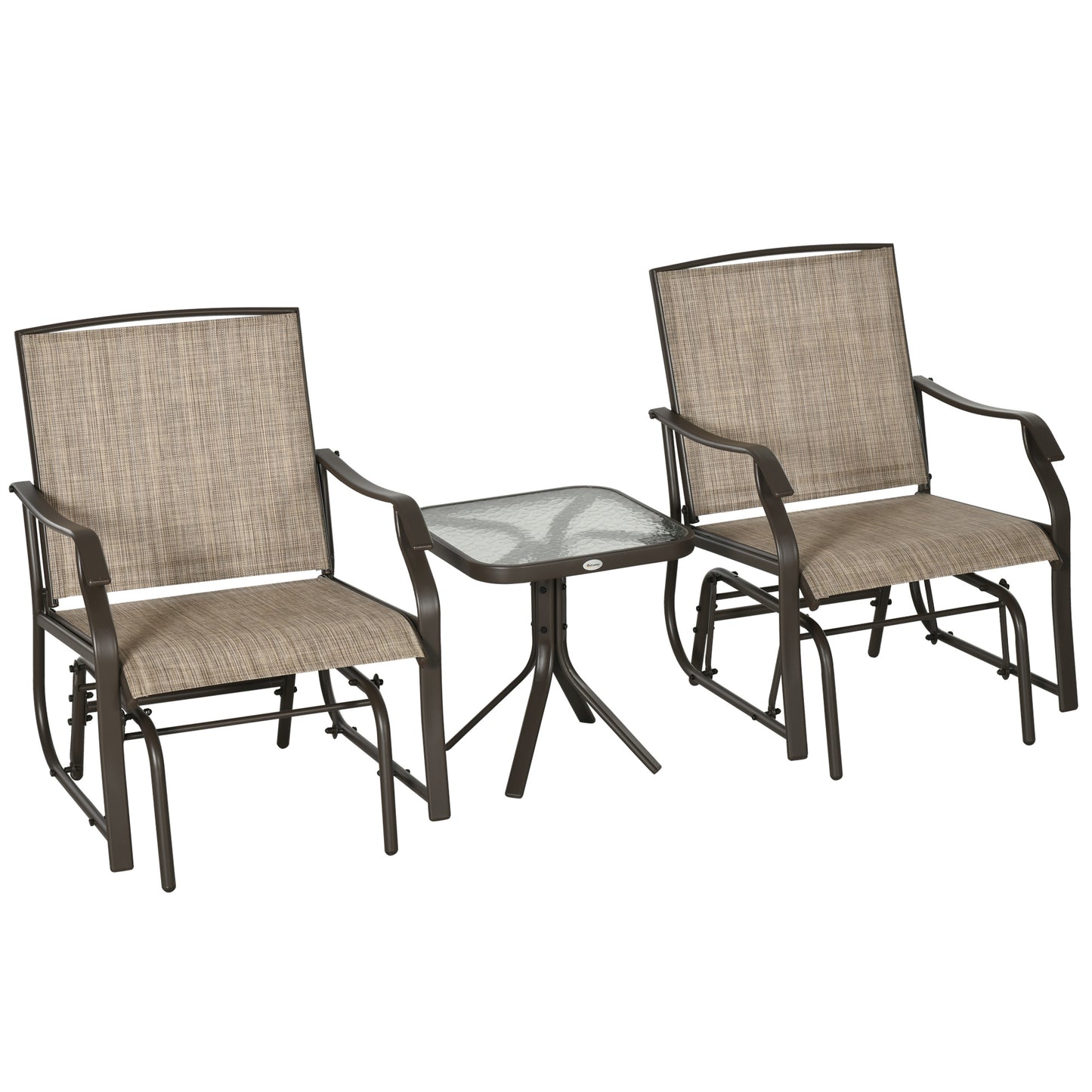 Outsunny 3 Piece Outdoor Glider Chair with Coffee Table Bistro Set, 2 Patio Rocking Swing Chairs with Breathable Sling Fabric, Glass Tabletop, for Backyard, Garden and Porch, Mixed Brown