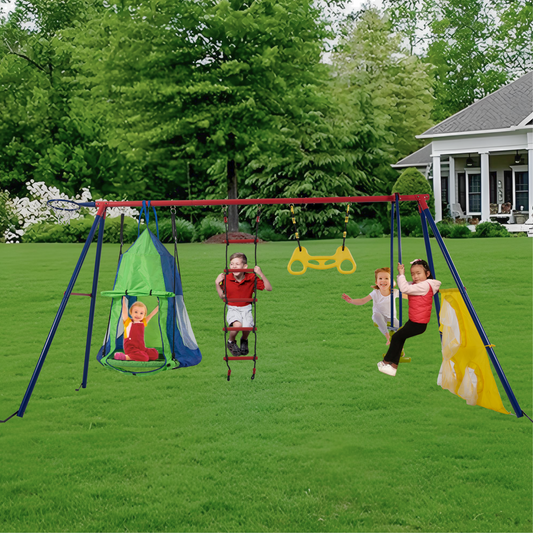 XNS092 rinbow colour interesting four function swingset with net swing and face to face metal plastic safe swing seat 550lbs for outdoor playground for age 3+