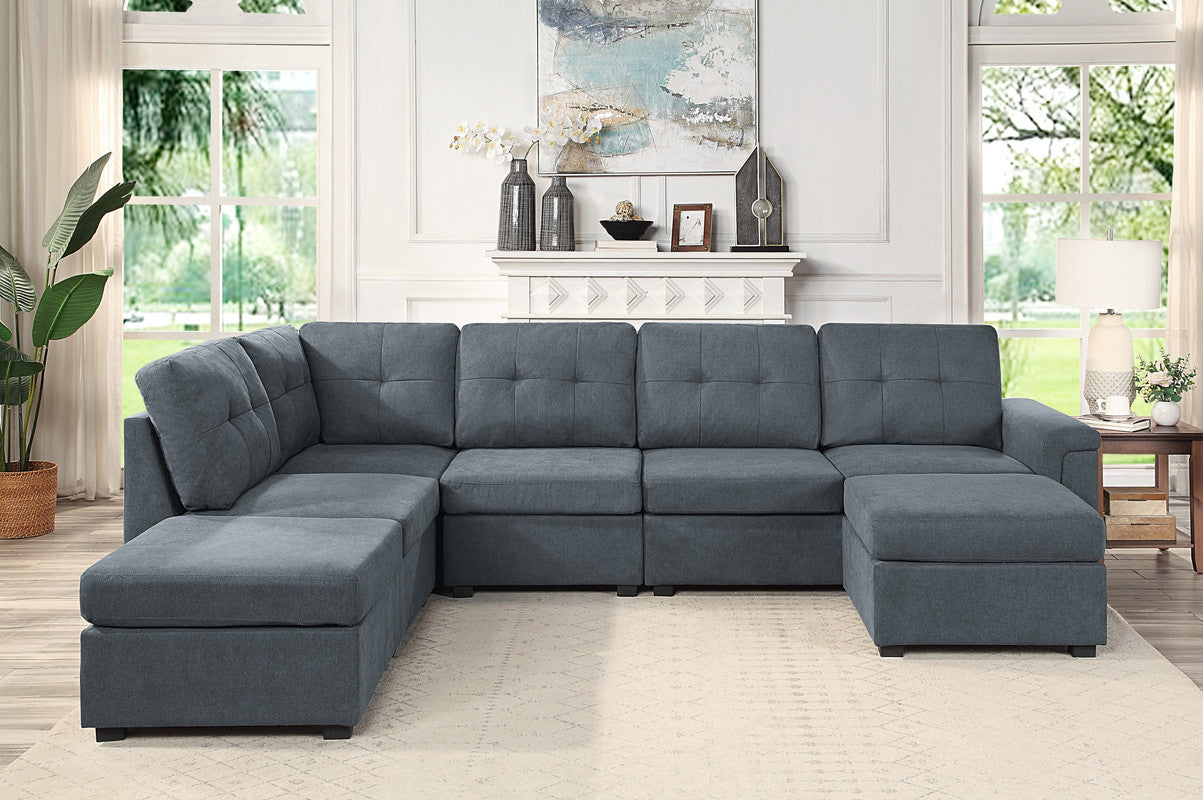 Isla 119" Gray Woven Fabric 7-Seater Sectional Sofa with Ottomans