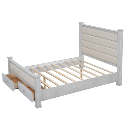 Queen Size Wood Frame Platform Bed with Upholstered Headboard, Footboard and 2 Drawers, Antique White