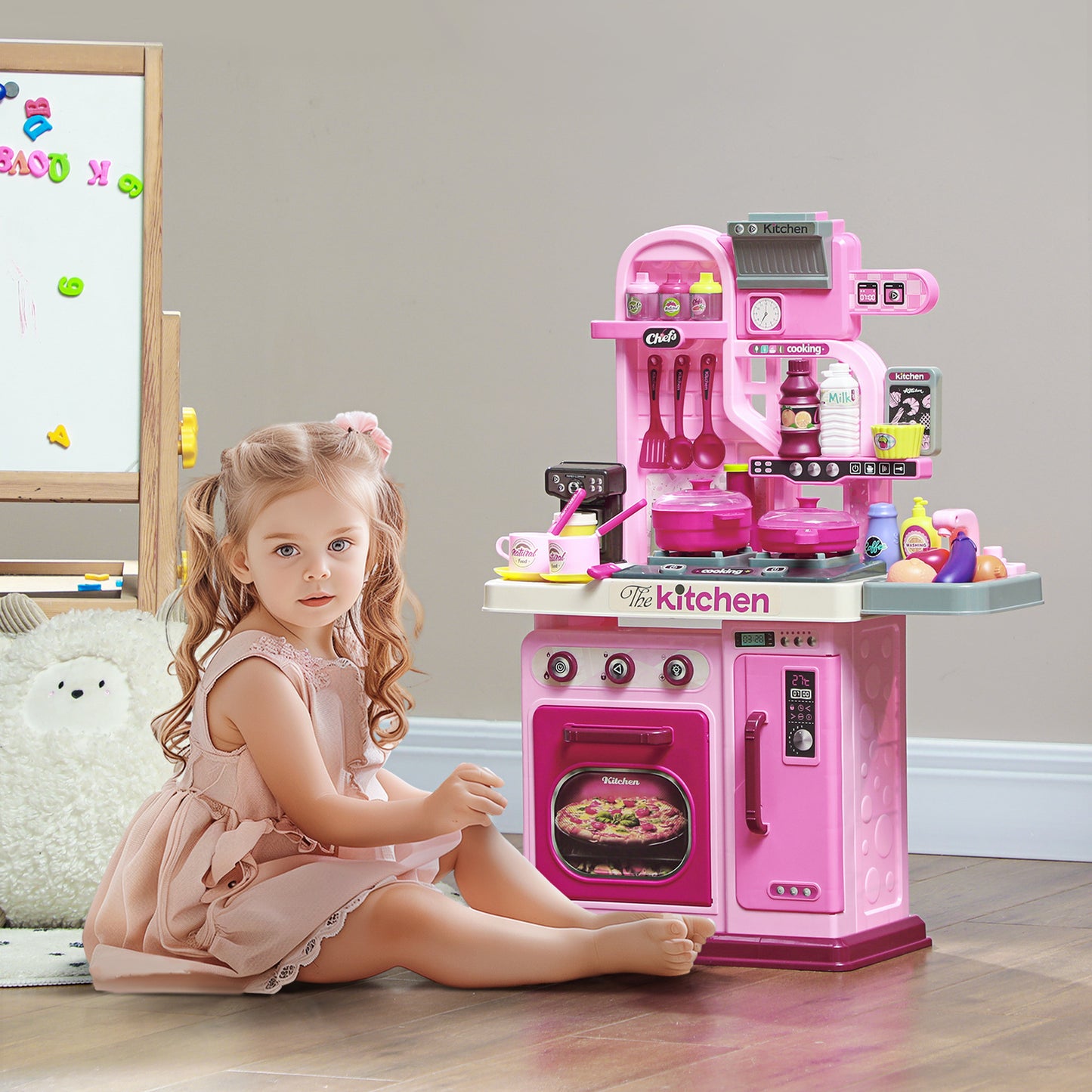 Qaba Play Kitchen, Kids Kitchen Playset Toy Kitchen with Lights, Sounds, 33 Accessories, Storage, Interactive Playset for Toddler 3-6 Years, Pink