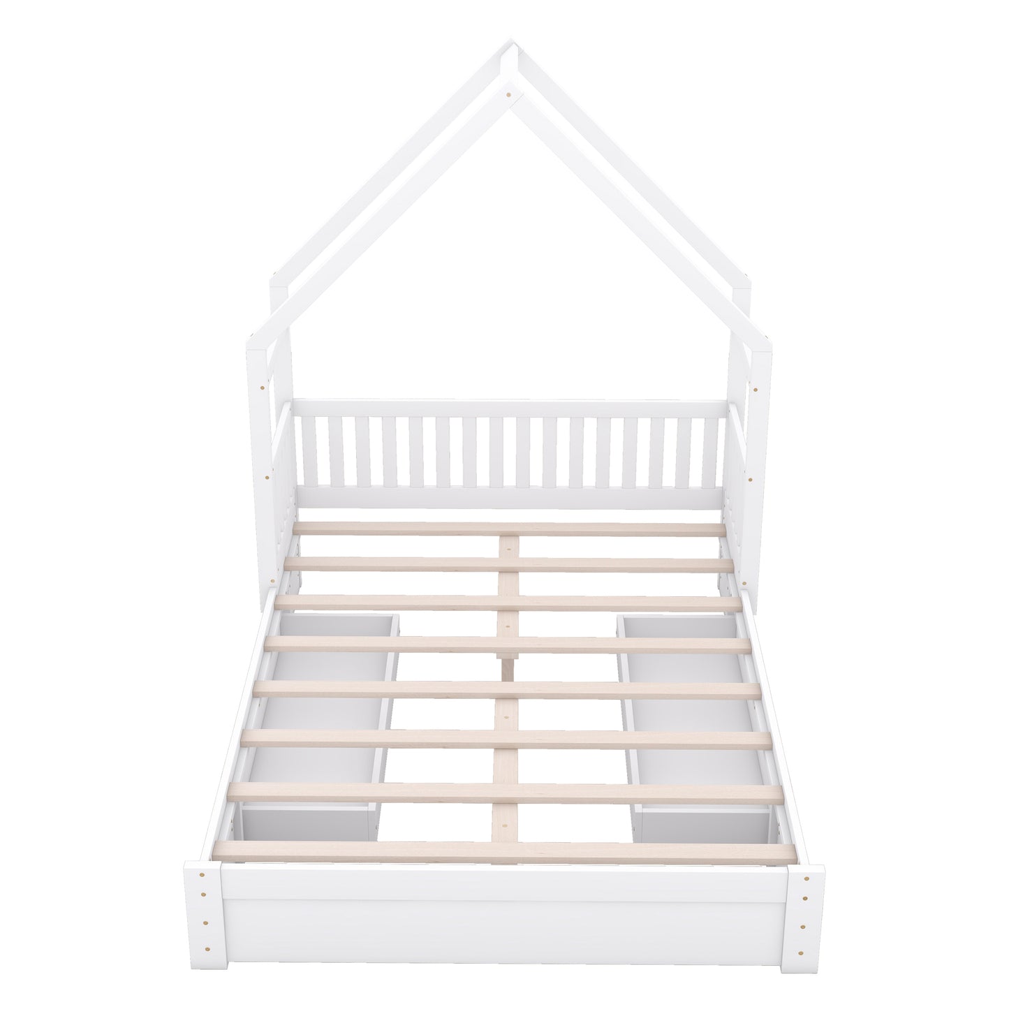 Wood Queen Size House Platform Bed with Guardrail and 2 Drawers, White