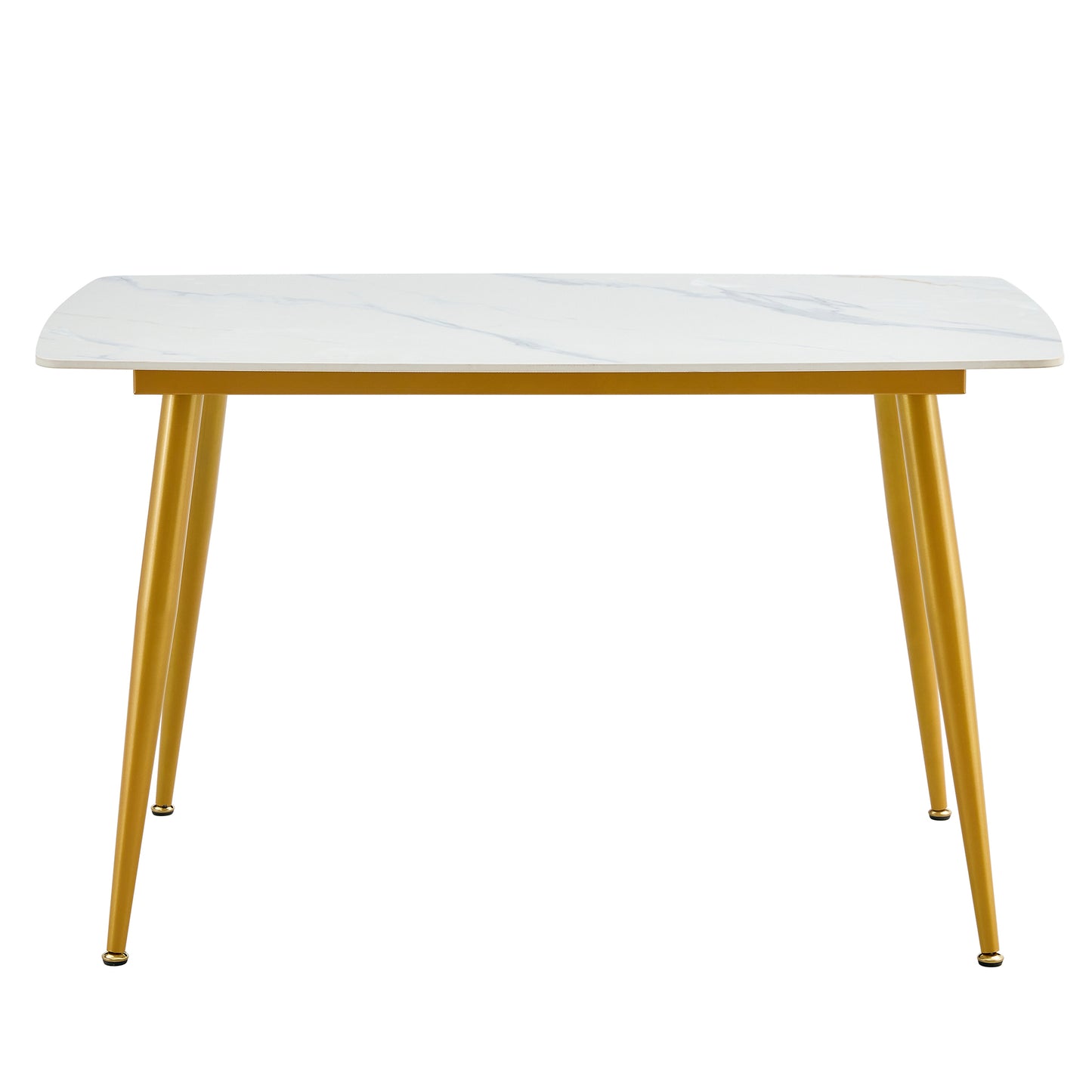 Modern minimalist dining table. White imitation marble patterned stone burning tabletop with golden metal legs. 50 "* 30" * 30 "F-001