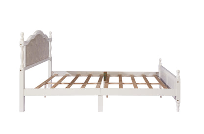 Queen Pine wooden Bed with Upholstered Headboard  and Panel Footboard, with  Two Bed Rail Support Feet and Central Platform Support Feet ,White