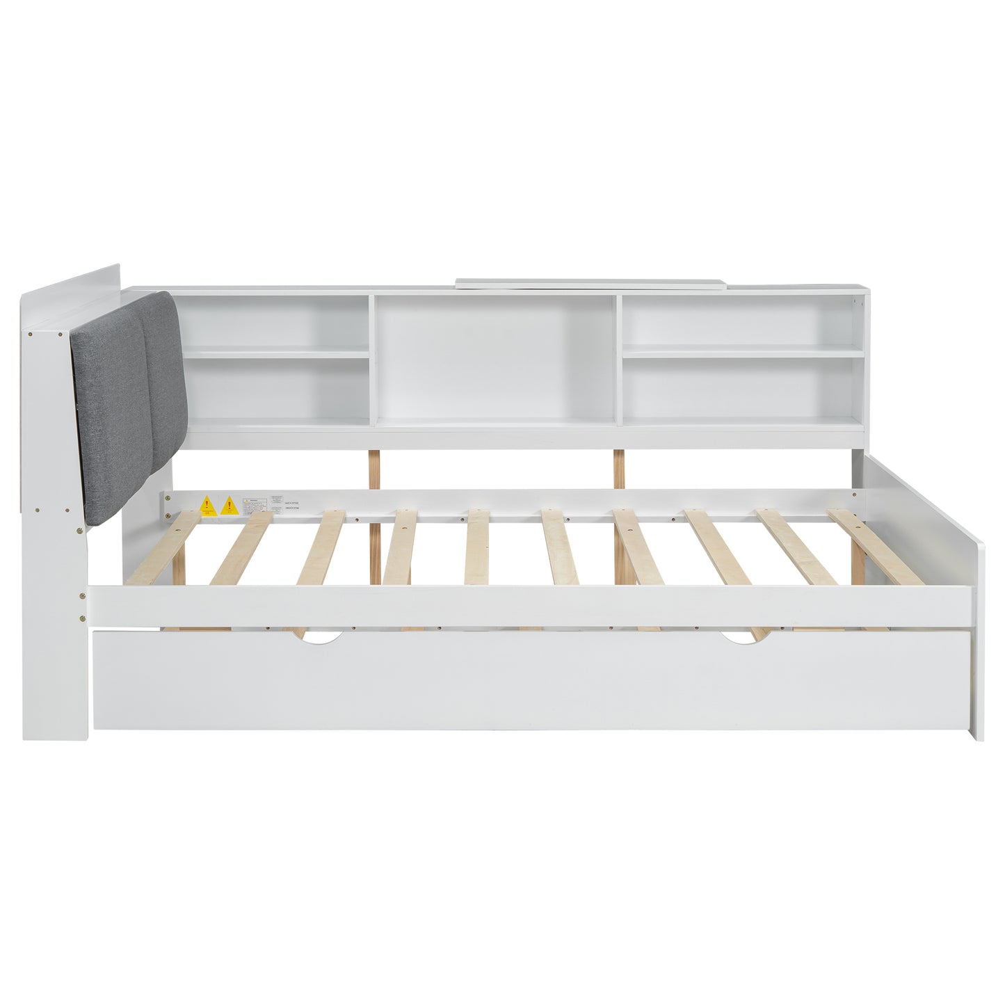 Wood Full Size platform bed with Trundle, Shelves and Storage Headboard, White