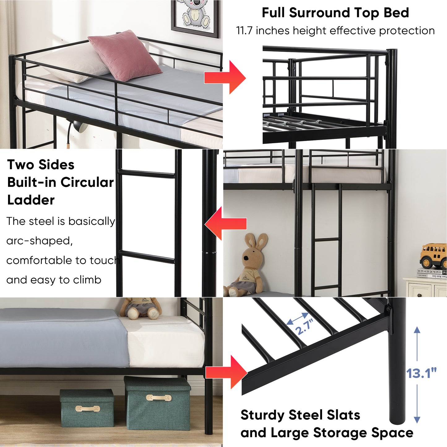 Bunk Bed Twin Over Twin Size with 2 Ladders and Full-Length Guardrail, Metal, Storage Space, No Box Spring Needed, Noise Free, Black