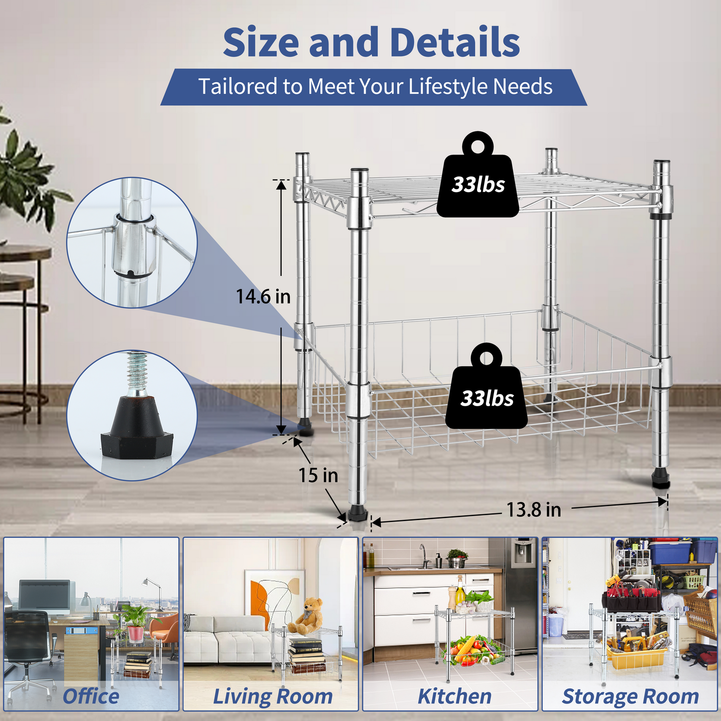 Heavy Duty Shelving Unit, Wire Metal Stackable Storage, 1-Tier Shelf, with Basket, Chrome, 15" W x 13.8" D x 15" H