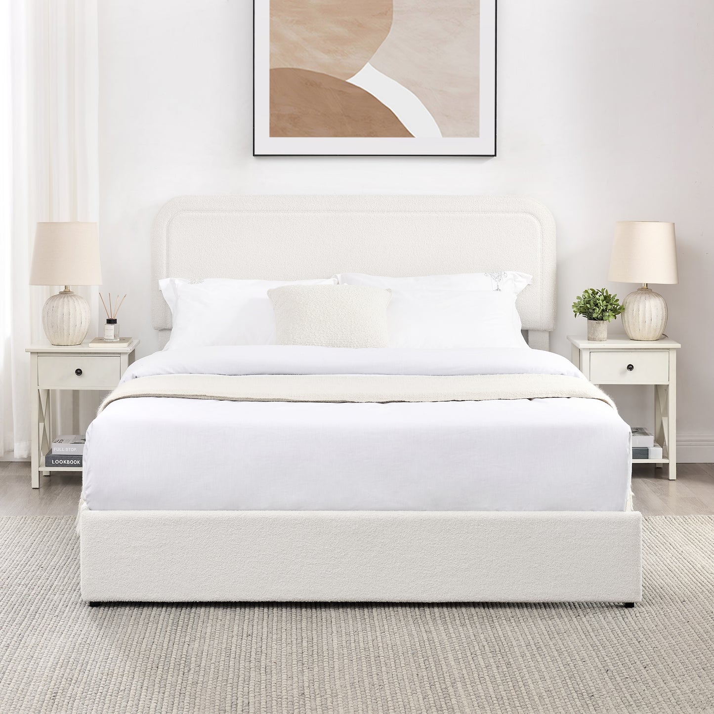 Liv Patented 2-Drawers Storage Bed Queen Size Ivory Boucle Upholstered Platform Bed, Curved Stitched Tufted Headboard, Wooden Slat Mattress Support, No Box Spring Needed
