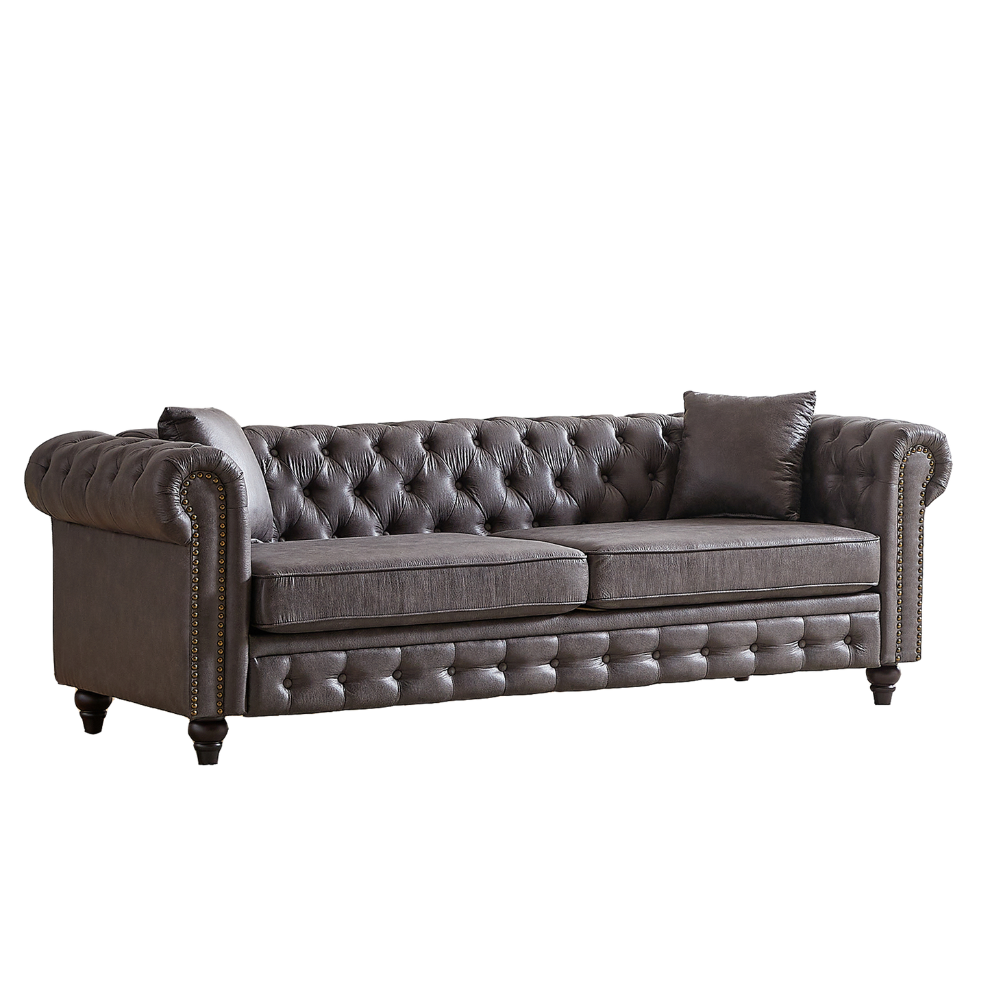 FX 85.5"Living Room with Tech Fabric Chesterfield Sofa with Rolled Arms 3 Seater Sofa with Button Design and 2 Cushions for Apartment, Office, Living Room