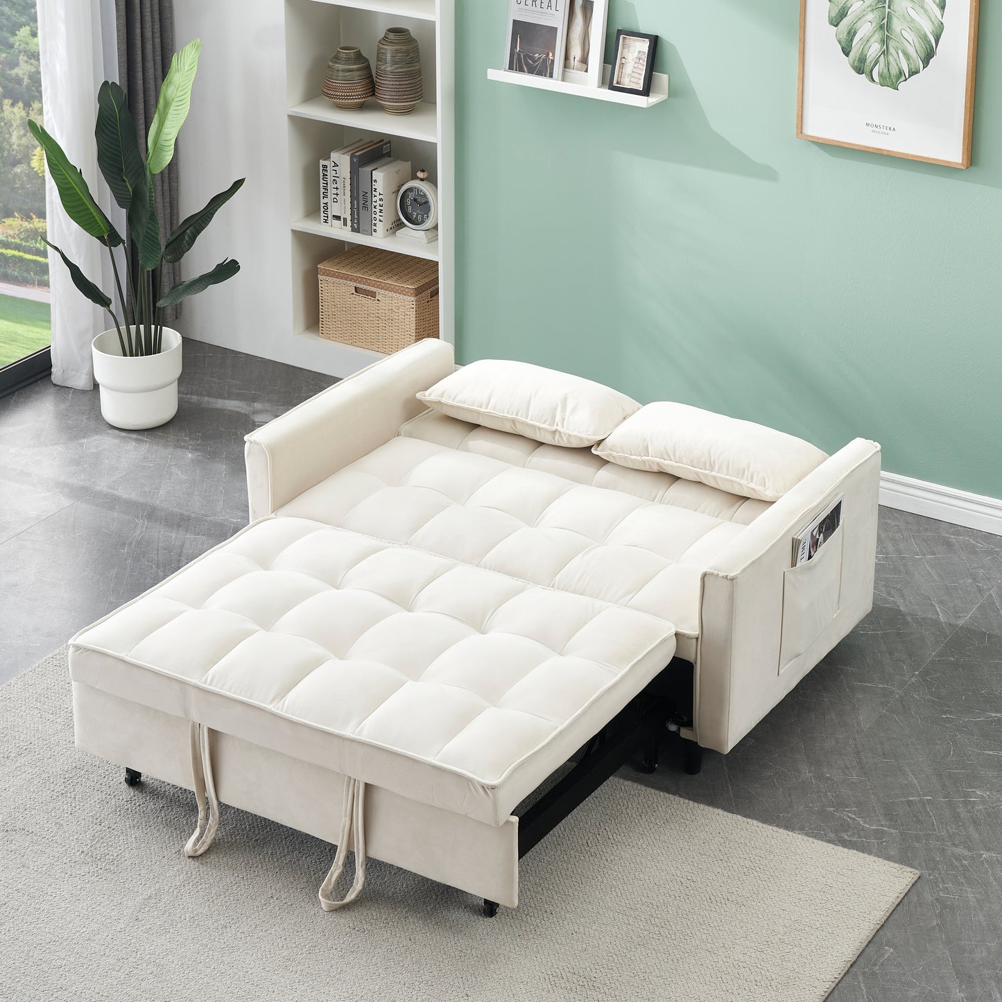 Modern velvet sofa, sofa pull-out bed, small love seat casual sofa with back, with pillow, pockets, living room furniture, 3 in 1 convertible sleep sofa bed.