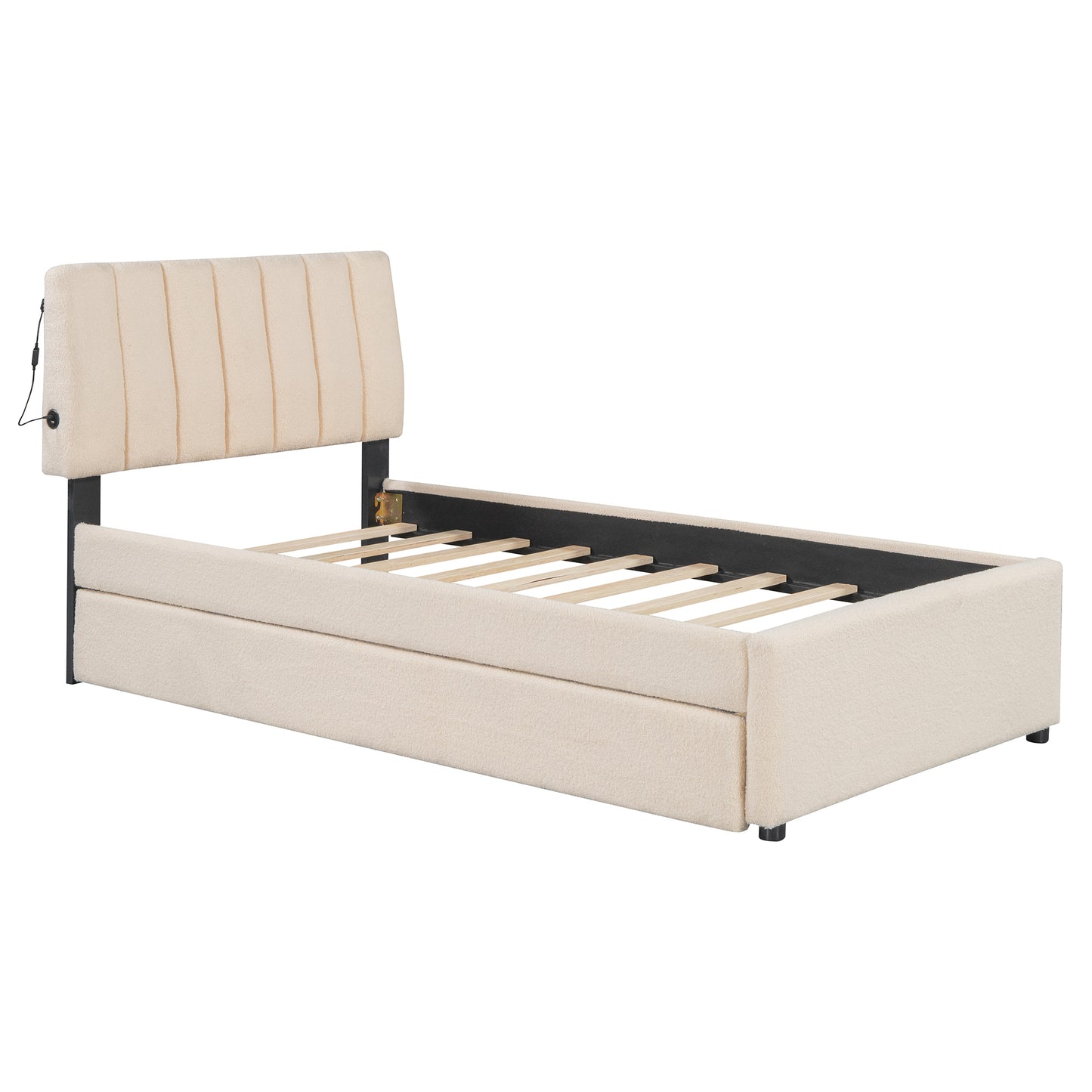 Teddy Fleece Twin Size Upholstered Platform Bed with Trundle, Beige