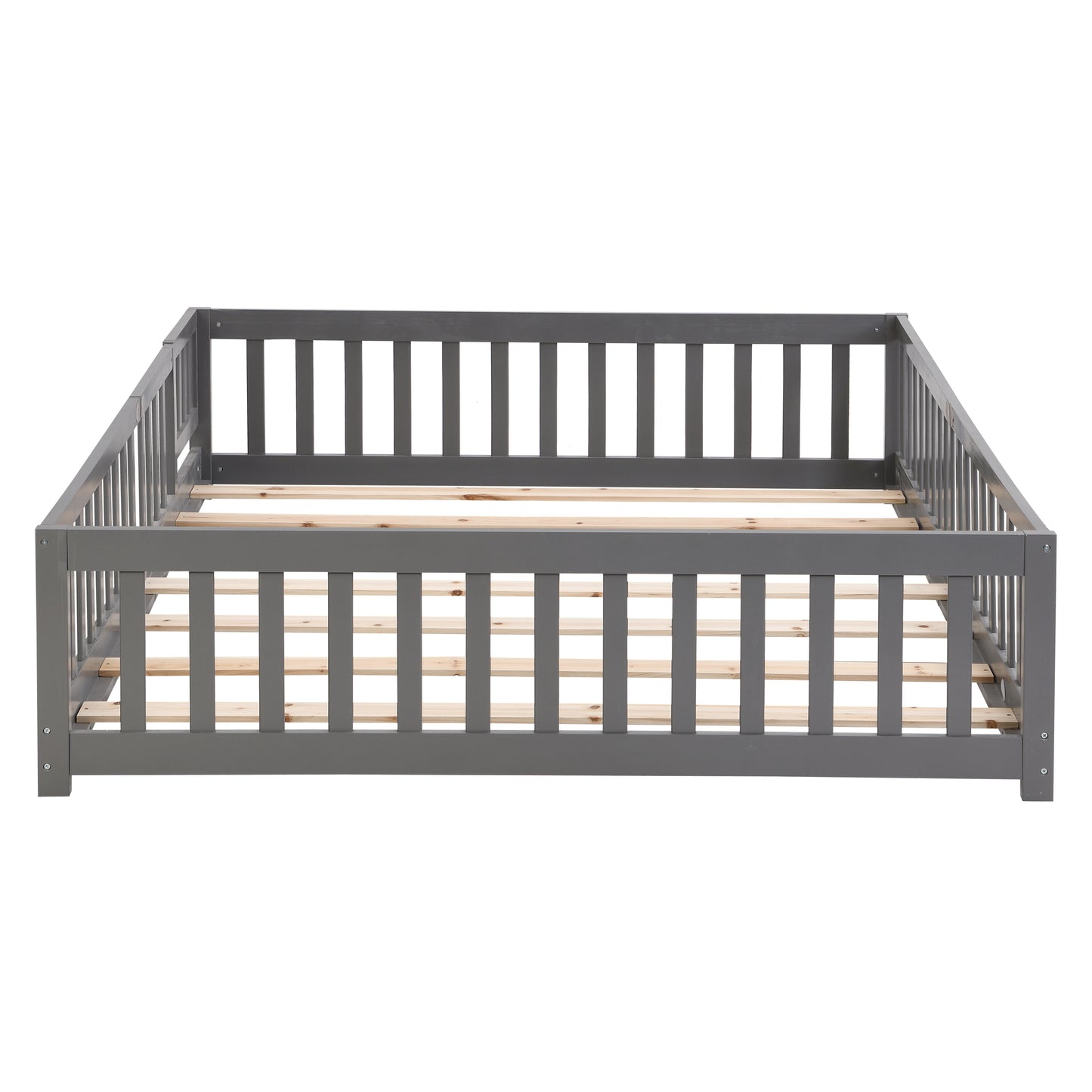 Queen Size Floor Bed with Door,Solid Wood Platform Bed Frame with Fence,Suitable for children,Pine Wood,Gray