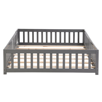 Queen Size Floor Bed with Door,Solid Wood Platform Bed Frame with Fence,Suitable for children,Pine Wood,Gray