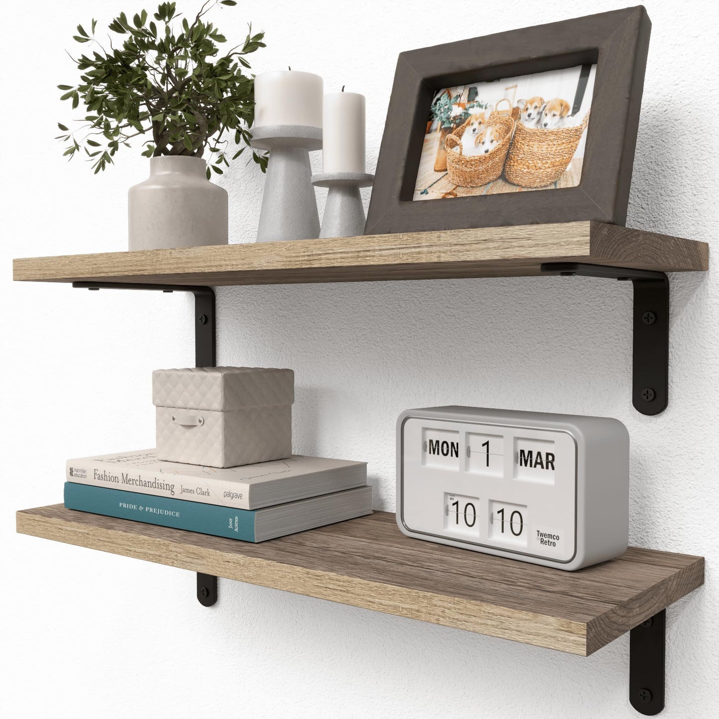 Rustic Wood Shelves Set of 2, Farmhouse Style Floating Shelf for Wall Décor, Hanging Shelves for Room