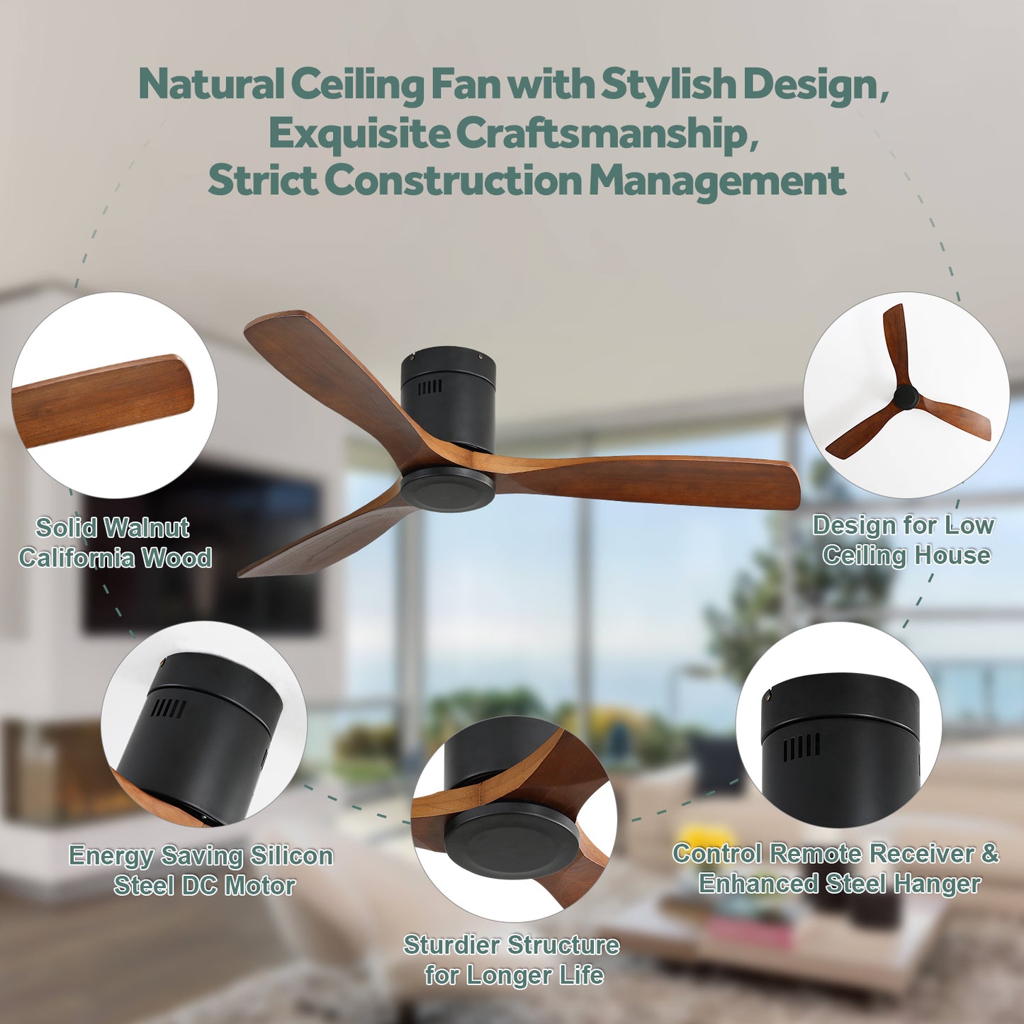 52 Inch Low Profile Ceiling Fan DC 3 Carved Wood Fan Blade Noiseless Reversible Motor Remote Control Without Light