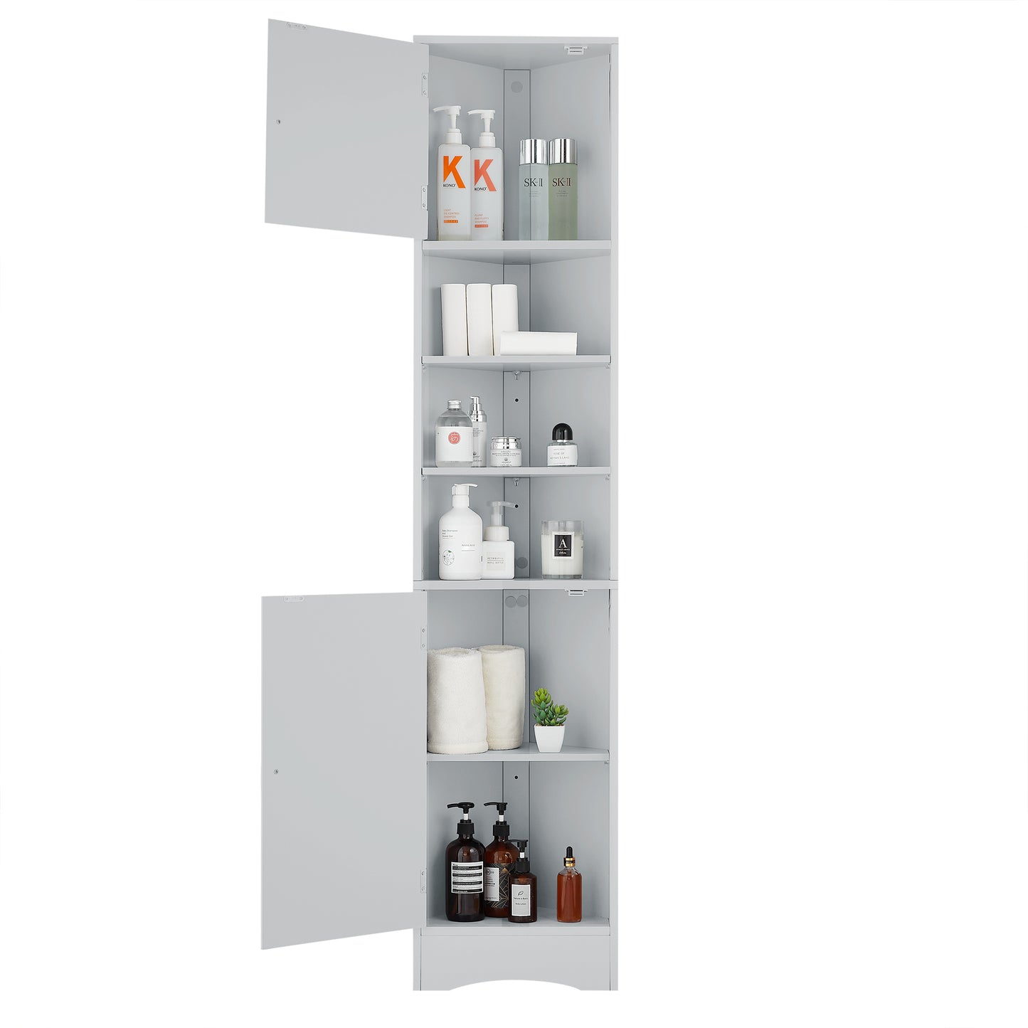 Multi-Functional Corner Cabinet Tall Bathroom Storage Cabinet with Two Doors and Adjustable Shelves, Open Shelf, Grey