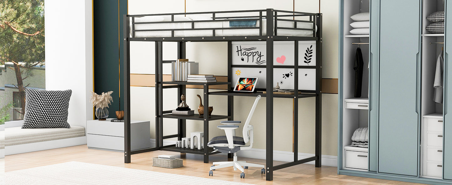 Twin Size Loft Bed with Desk and Whiteboard, Metal Loft Bed with 3 Shelves and Ladder, Black