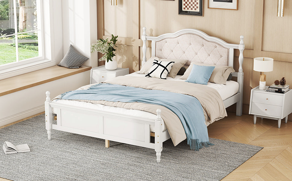 Queen Pine wooden Bed with Upholstered Headboard  and Panel Footboard, with  Two Bed Rail Support Feet and Central Platform Support Feet ,White