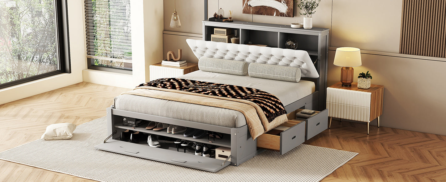 Wood Queen Size Platform Bed with Storage Headboard, shoe rack and 4 drawers,Gray