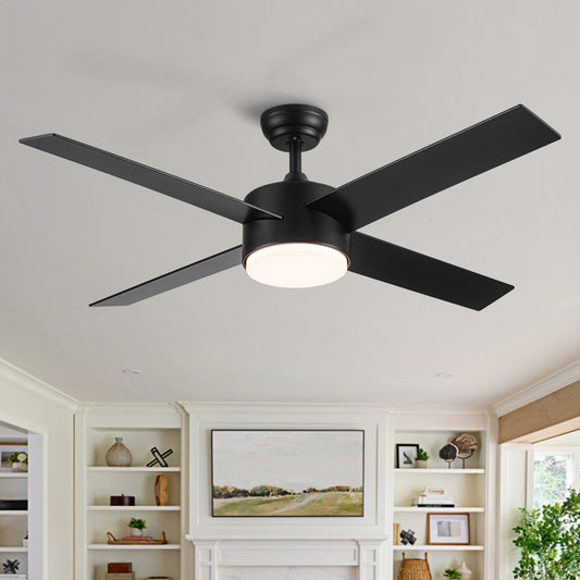 52" Integrated LED Light Matte Black Blade Ceiling Fan with Remote Control with 4 blades