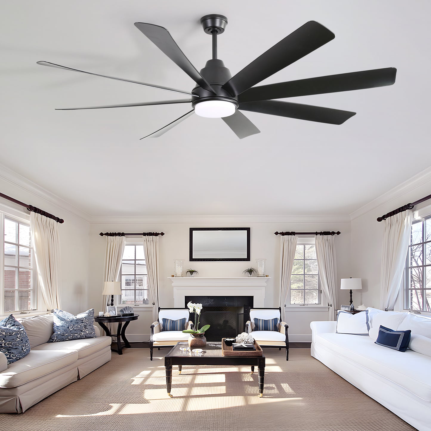 72 Inch Large Ceiling Fans with Lights and Remote Control 6 Wind Speed DC Motor Black for Living Room