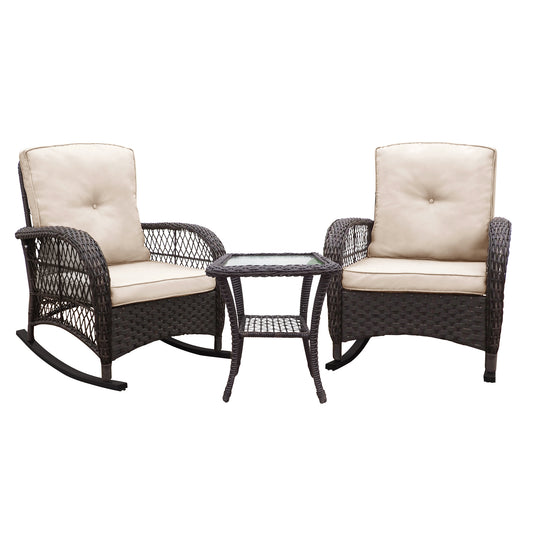 3 Pieces Conversation Set, Outdoor Wicker Rocker Patio Bistro Set, Rocking Chair with Glass Top Side Table