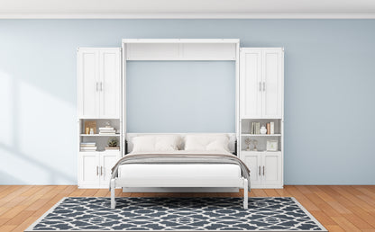 Queen Size Murphy Bed with 2 Side Cabinet Storage Shelves, 68-inch Cabinet Bed Folding Wall Bed with Desk Combo Perfect for Guest Room, Study, Office,White(old sku:BS400192AAC)