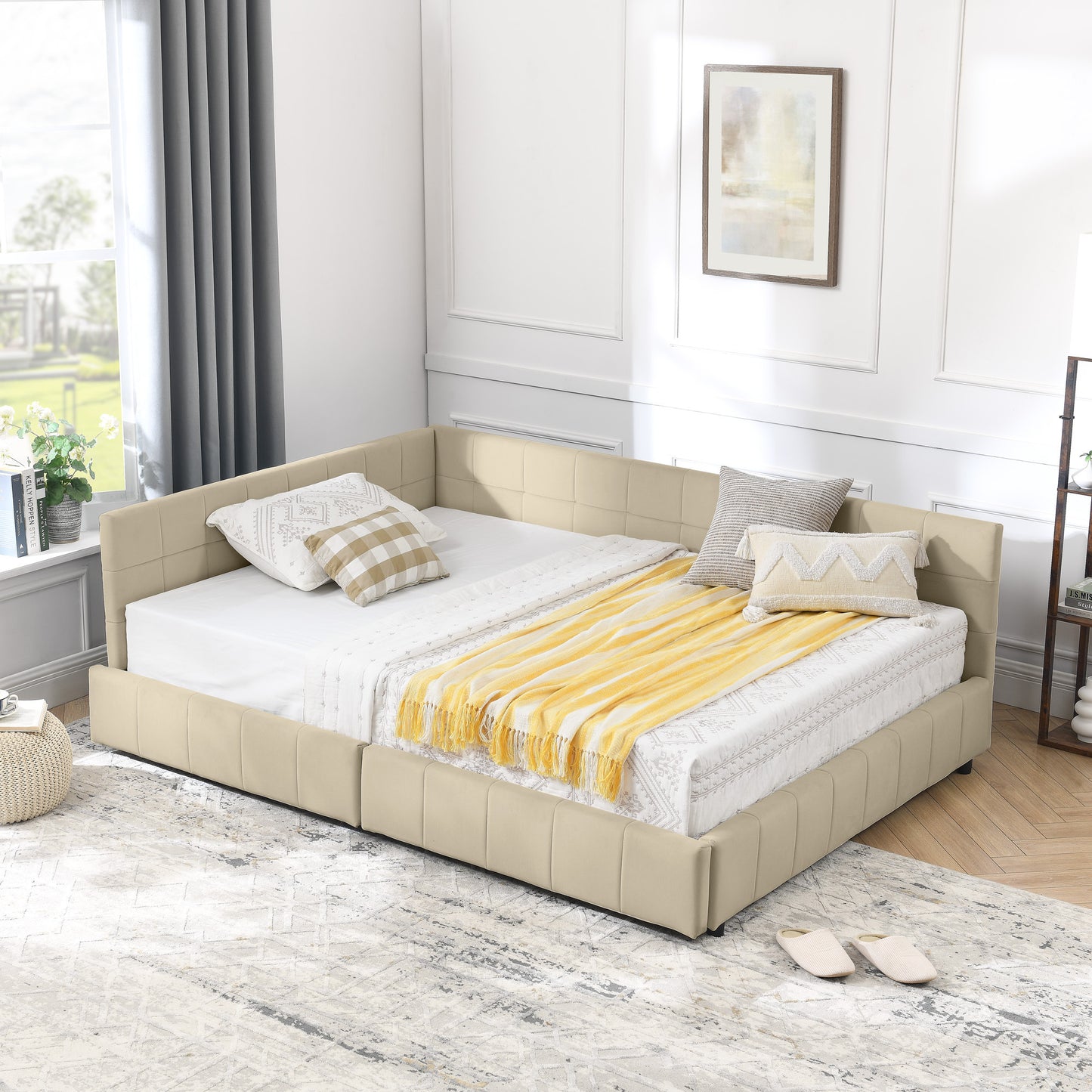 Full Size Storage Upholstered Tufted Bed Frame, Sofa Bed Frame with Comfortable Backrest and Armrests, Full Size Bed for Bedroom, Living Room,Velvet, BEIGE(80.5''*59''*29.5'')