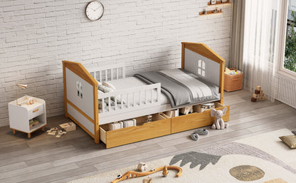 Twin Size House Shape Bed with Drawers and Safety Fence Guardrails Bed Toddler Bed for Girls Boys,No Box Spring Needed, Walnut and White