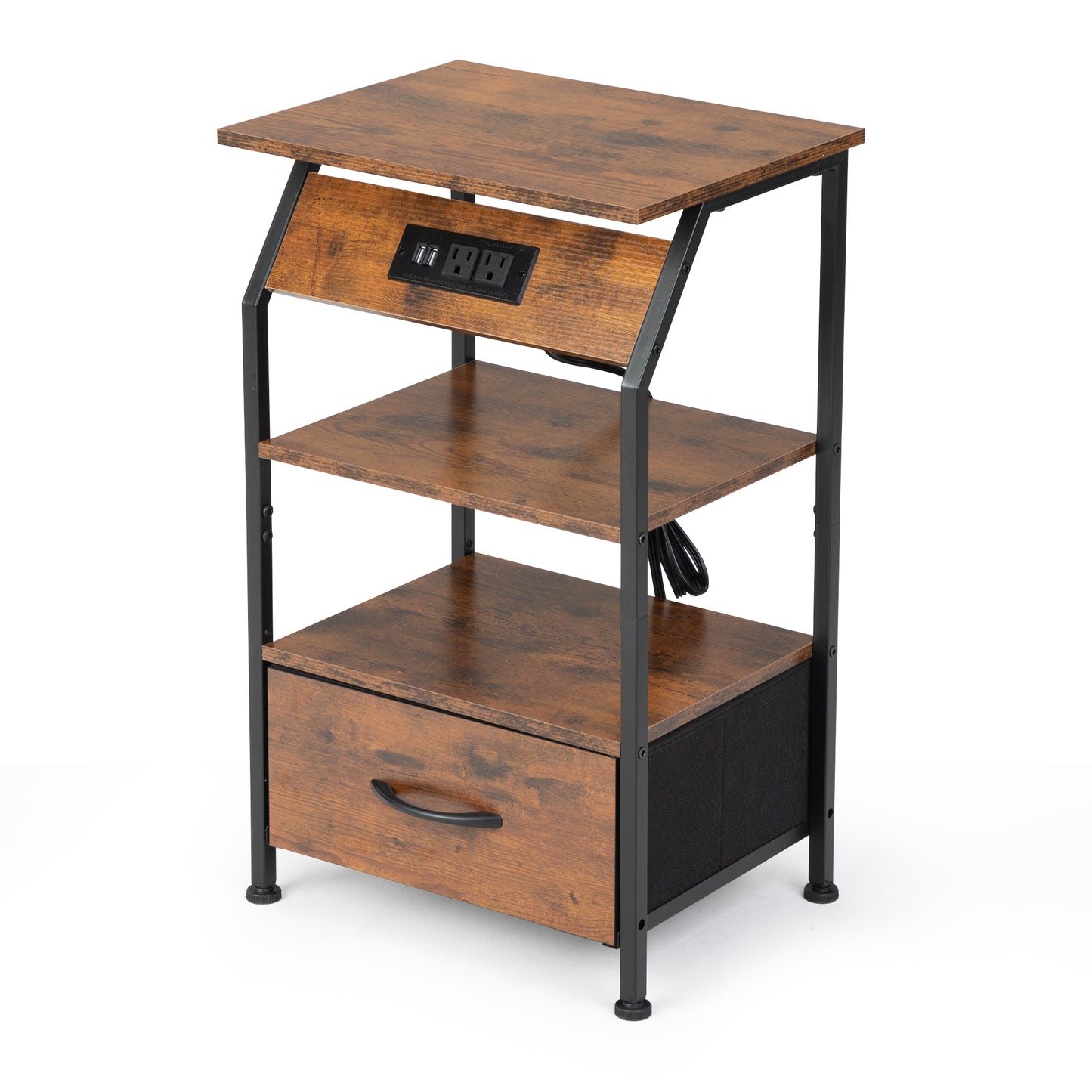 Set of 2 Nightstands with Charging Station, Bed Side Table with Non-woven Drawers, Shelves for Bedroom Living Room, End Table with USB Outlets, Rustic Brown