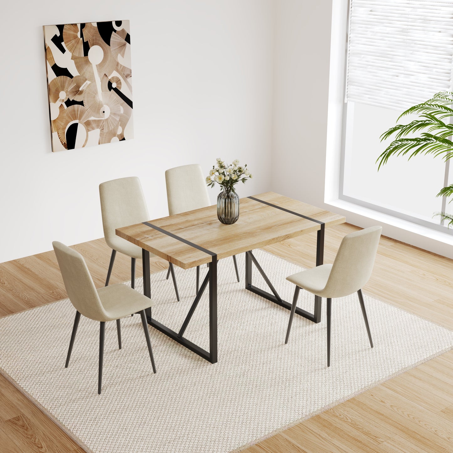 55" MDF Wood Colour Dining Table and Modern Dining Chair Set of 4, Mid Century Wooden Kitchen Table Set, Metal Base & Legs, Dining Room Table and Linen Chairs