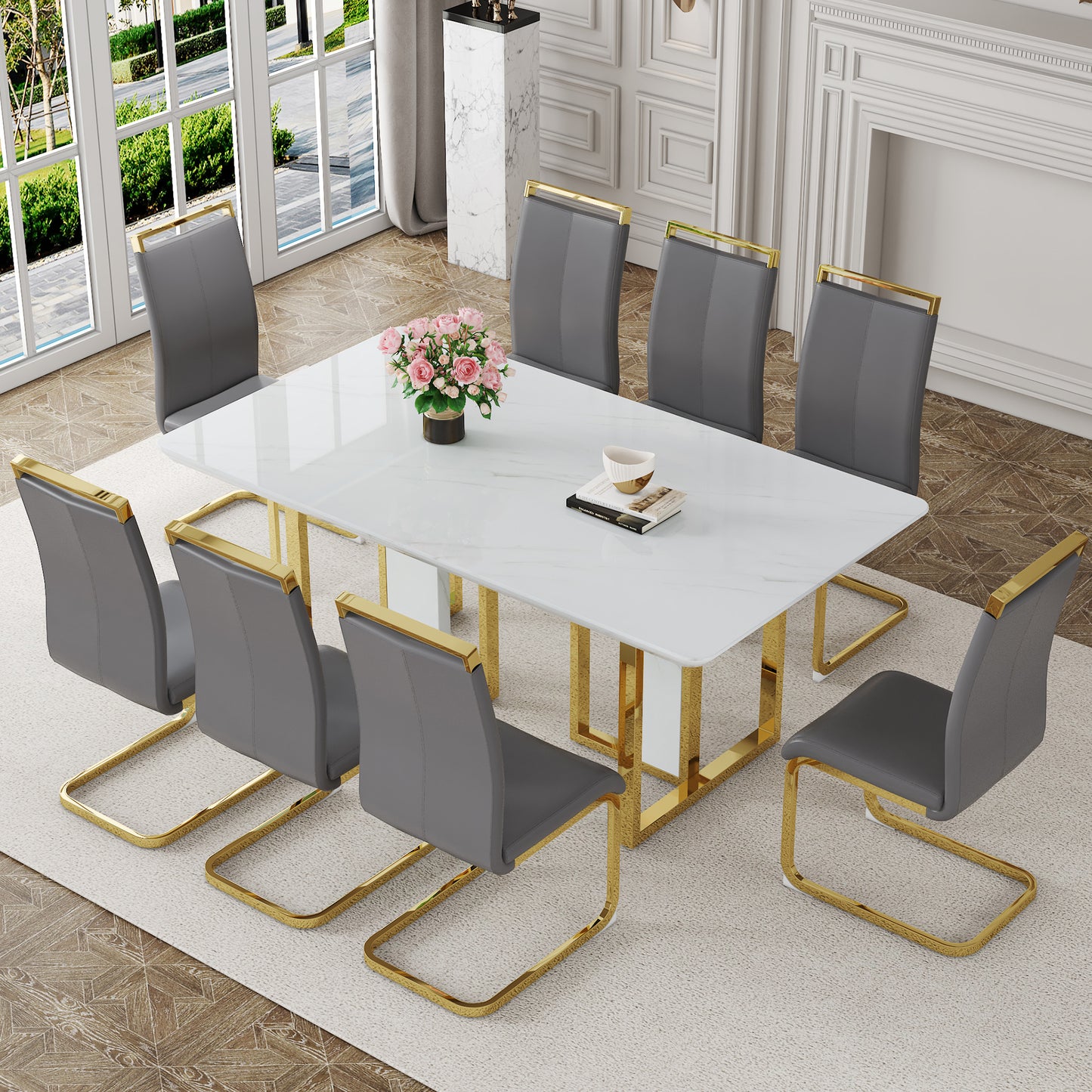 Table and chair set.67"x36" White marble pattern MDF Dining Table Set with 8 Dark Gray PU Chairs.MDF sticker,White marble pattern sticker,Gold C-tube chair legs,Suitable for kitchen,Dining room,etc.