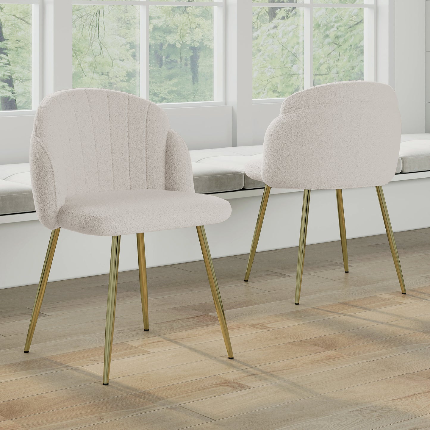 Modern simple teddy fleece dining chair Fabric Upholstered Chairs home bedroom stool back dressing chair gold metal legs(set of 2)